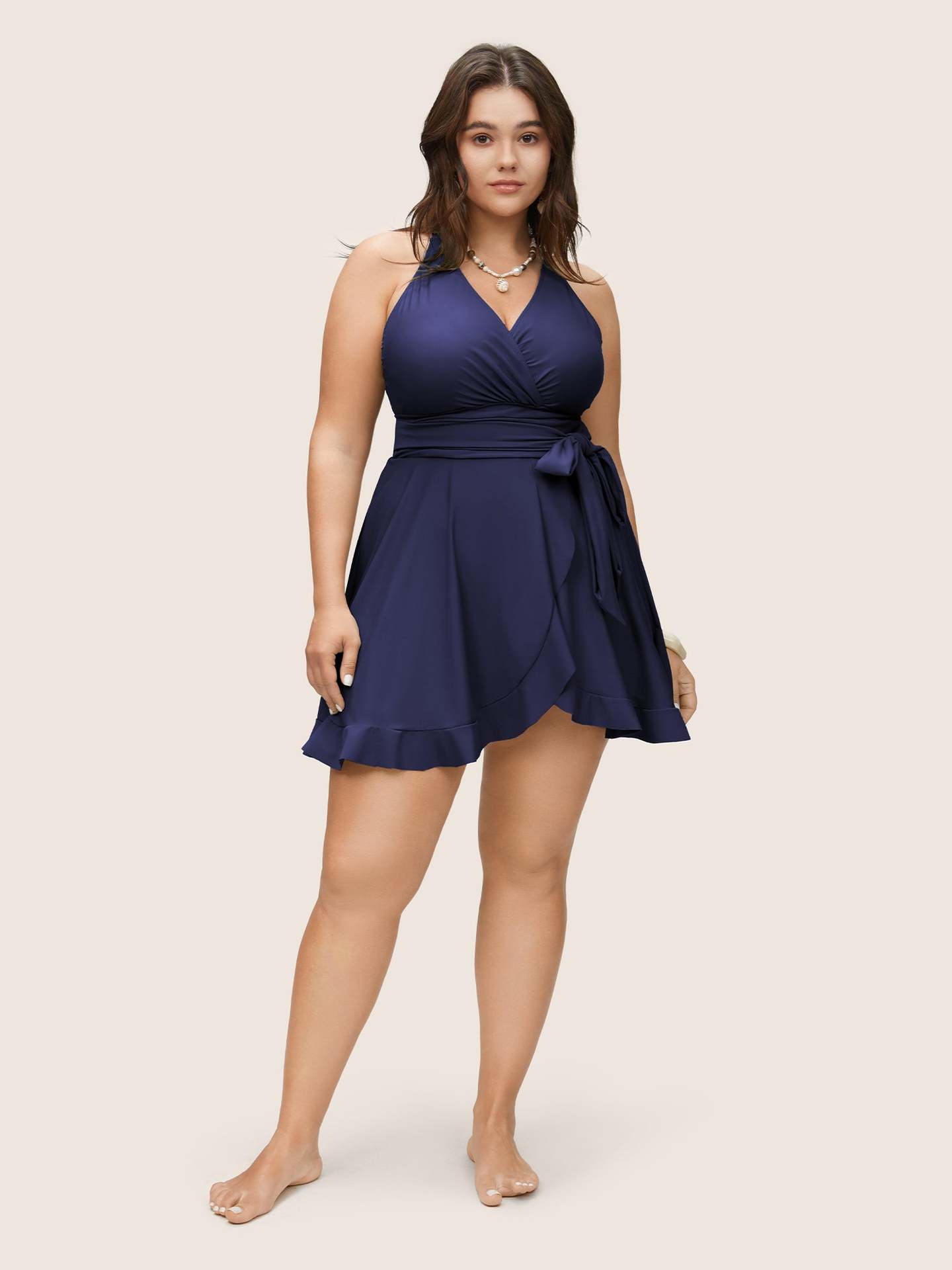 Plus Size One Piece Swimsuit Sleeveless V-Neck Bandage Cover Up Swim Dress